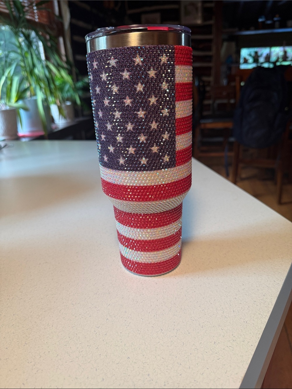 Rhinestone American Flag Tumbler - Patriotic Red, White & Blue